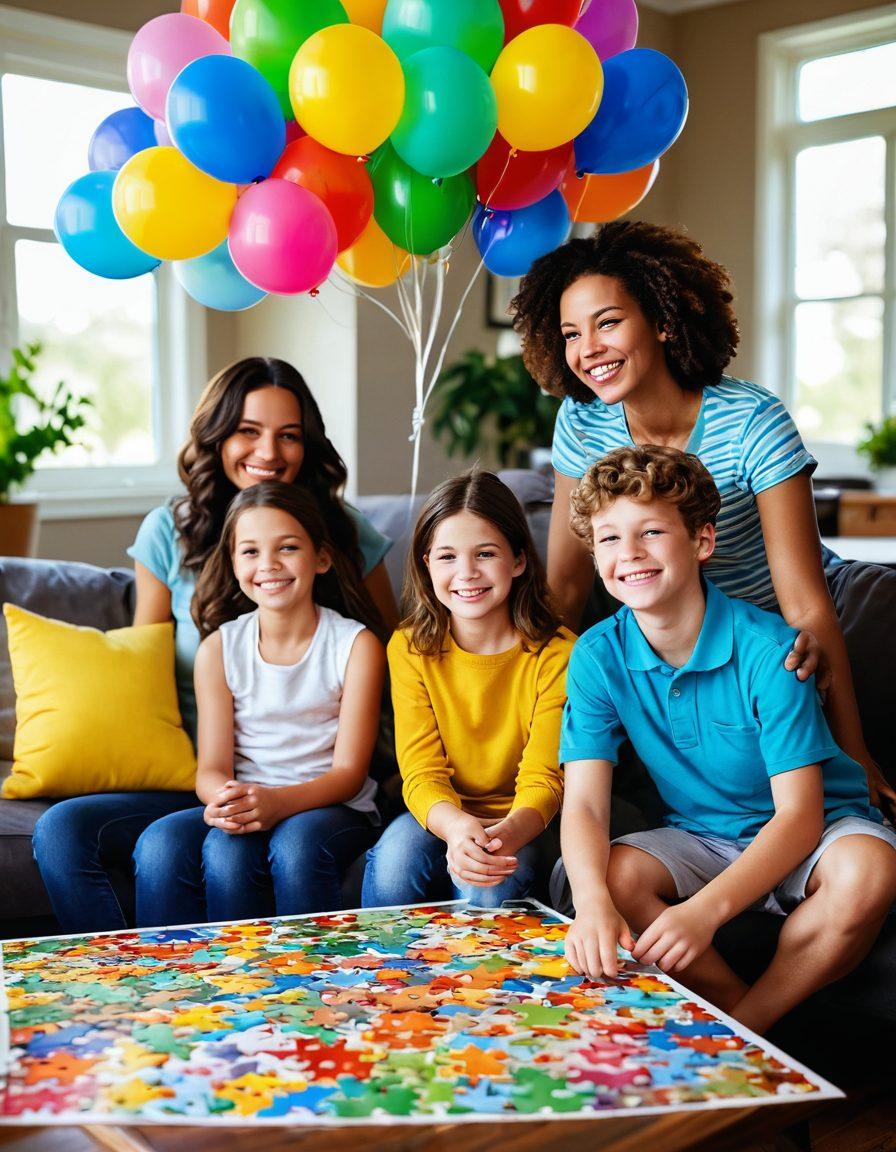 A colorful and intricate jigsaw puzzle coming together, with pieces shaped like smiling faces and bright balloons. In the background, a cheerful family or friends happily solving the puzzle together, surrounded by a warm and inviting living room filled with natural light. Elements like laughter, joy, and playfulness should be emphasized, symbolizing the transition from challenge to cheer. vibrant colors. cozy atmosphere. super-realistic.