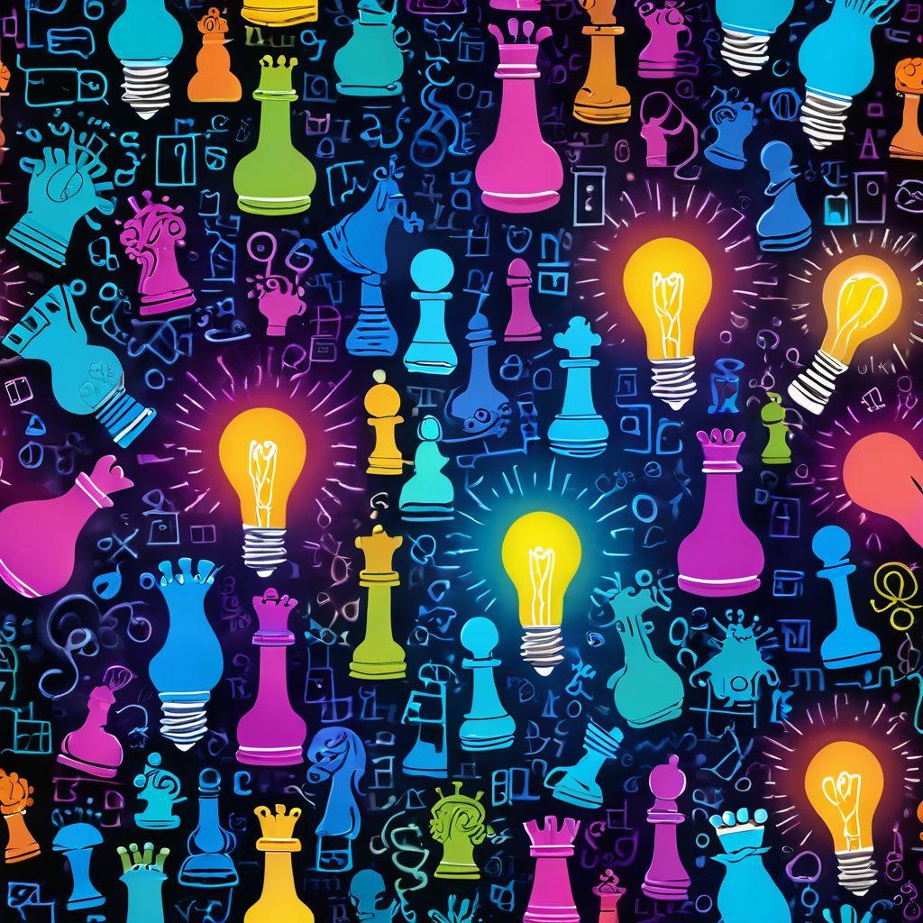 A vibrant collage of various brain teasers and logic games, such as crossword puzzles, Sudoku, and chess pieces, intermingled with colorful light bulbs representing ideas and creativity. The background should be a playful gradient that evokes joy and curiosity, with whimsical doodles of question marks and exclamation points surrounding the games. super-realistic. bright colors. playful background.
